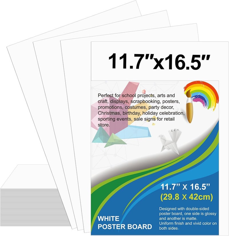 rookea 100 Pcs Poster Board 11.7 x 16.5 Inches White Poster Board Paper Bulk, 250 GSM Thickness Vision Board Blank Graphic Display Posterboards for Drawing Artwork School Arts Crafts Projects - Image 1